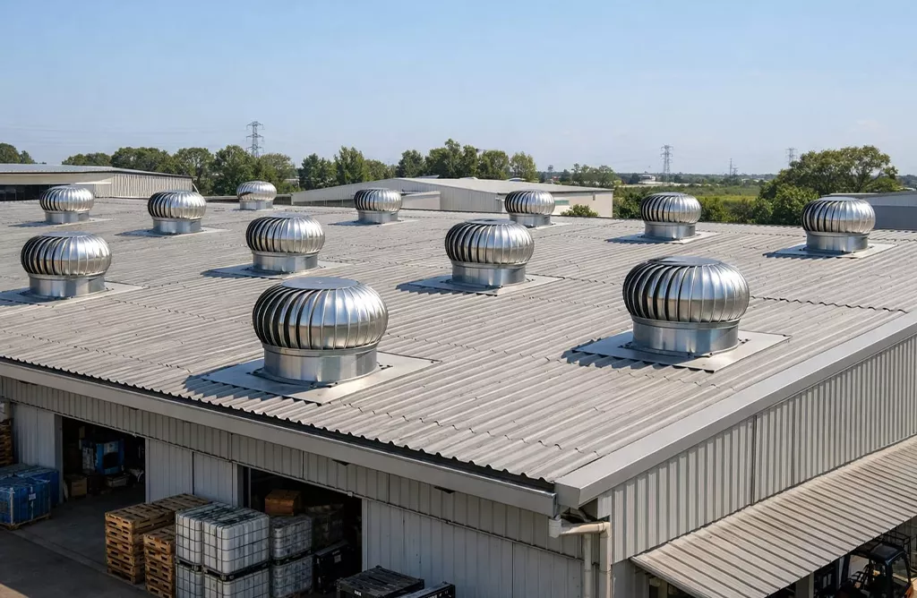 Multiple Turbo Ventilators on Industrial Rooftop for Natural Cooling